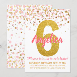 Rosa Guld Glitter Confetti Girl Sjätte födelsedage Inbjudningar