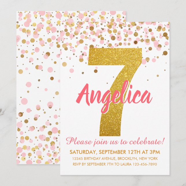 Rosa Guld Glitter Confetti Girl Sjunde födelsedage Inbjudningar (Fram/baksida)