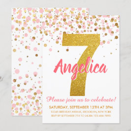 Rosa Guld Glitter Confetti Girl Sjunde födelsedage Inbjudningar