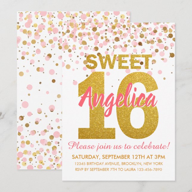 Rosa Guld Glitter Confetti Girl Sweet 16 Birthday Inbjudningar (Fram/baksida)