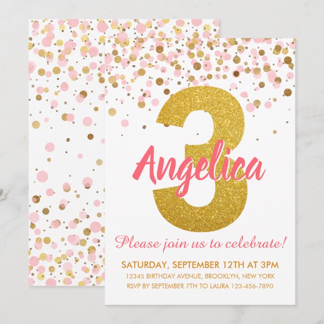 Rosa Guld Glitter Confetti Girl Tredje födelsedage Inbjudningar (Fram/baksida)