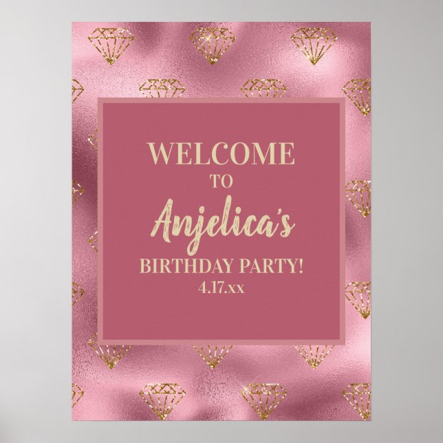 Rosa Guld Glitter Diamonds Girl Girl's Födelsedags Poster (Framsidan)