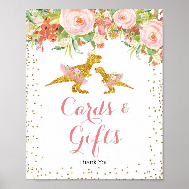 Rosa Guld Glitter dinokort och presentkort Poster (Framsidan)