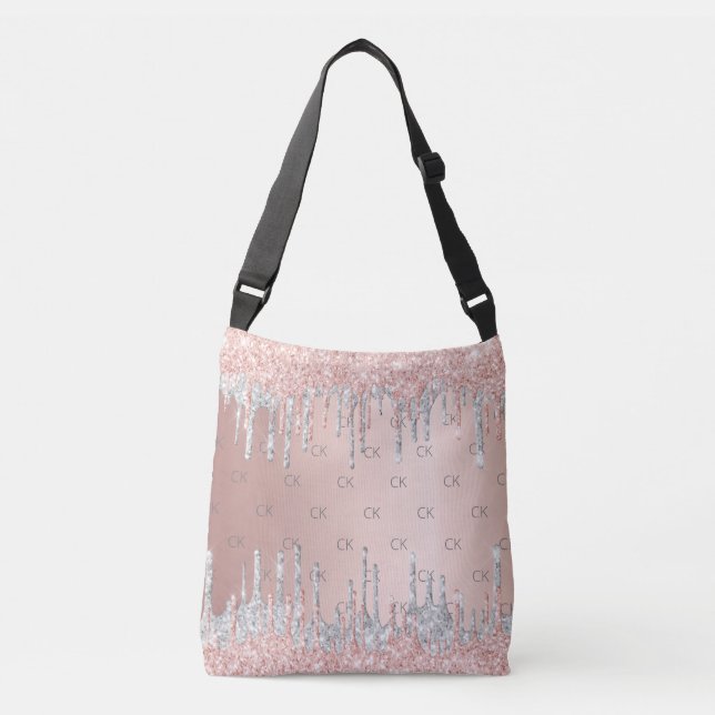Rosa guld glitter droppar silver monogram elegant axelväska (Framsida)