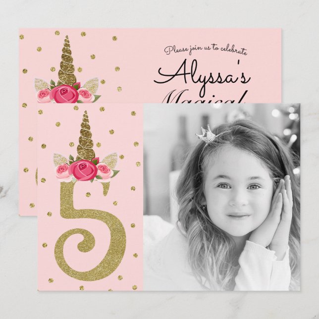 Rosa Guld Glitter Enhörning 5 5-års Födelsedagsfir Inbjudningar (Fram/baksida)
