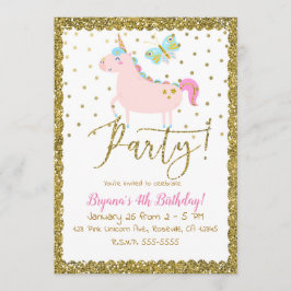 Rosa & Guld Glitter Enhörning Flickor Födelsedagsf Inbjudningar