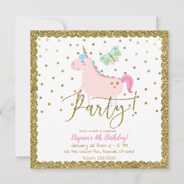 Rosa & Guld Glitter Enhörning Flickors Födelsedags Inbjudningar (Framsida)