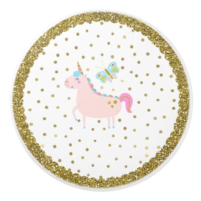 Rosa & Guld Glitter Enhörning Flickors Sovrum Nurs Knopp (Framsidan)