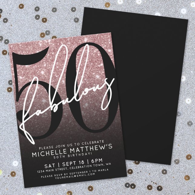Rosa Guld Glitter Femtio Fantastiska 50-års Födels Inbjudningar (Rose Gold Glitter Fifty Fabulous 50th Birthday Invitation)