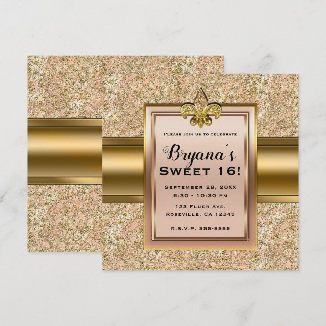 Rosa & Guld Glitter Fler de Lis Fest Inbjudningar (Fram/baksida)