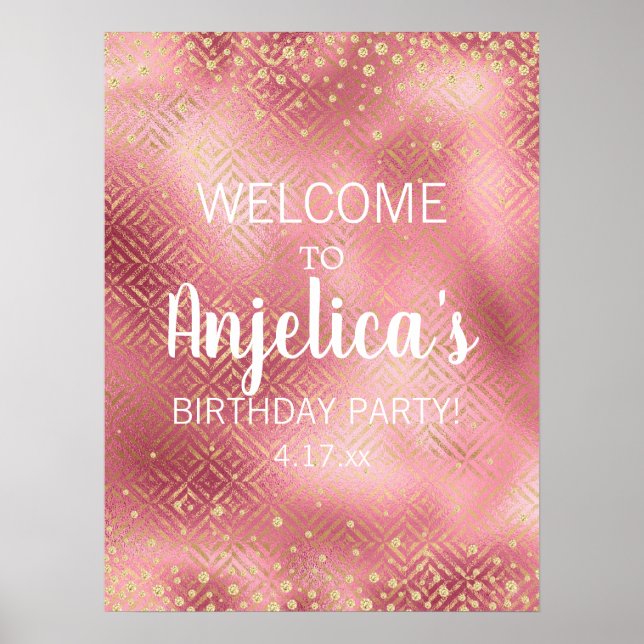Rosa Guld Glitter Flickas Födelsedagsfest Poster (Framsidan)