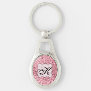 Rosa guld- glitter för personlignyckelring ovalt silverfärgad nyckelring