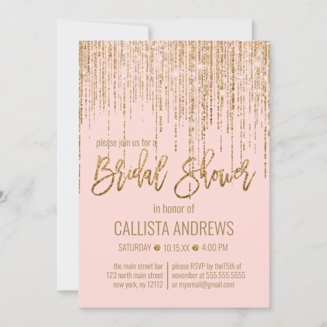 Rosa Guld Glitter Fringe Curtain Möhippa Inbjudningar (Framsida)