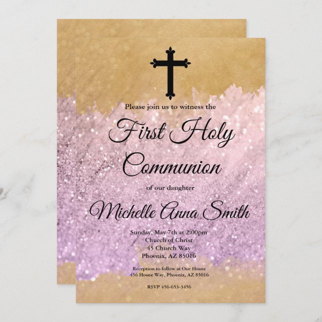 Rosa Guld Glitter Girl Första Heligan Communice Inbjudningar (Fram/baksida)