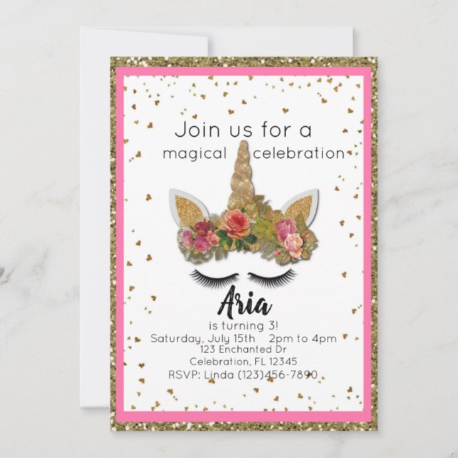 Rosa Guld Glitter Girls Enchanted Unicorn Birthday Inbjudningar (Framsida)