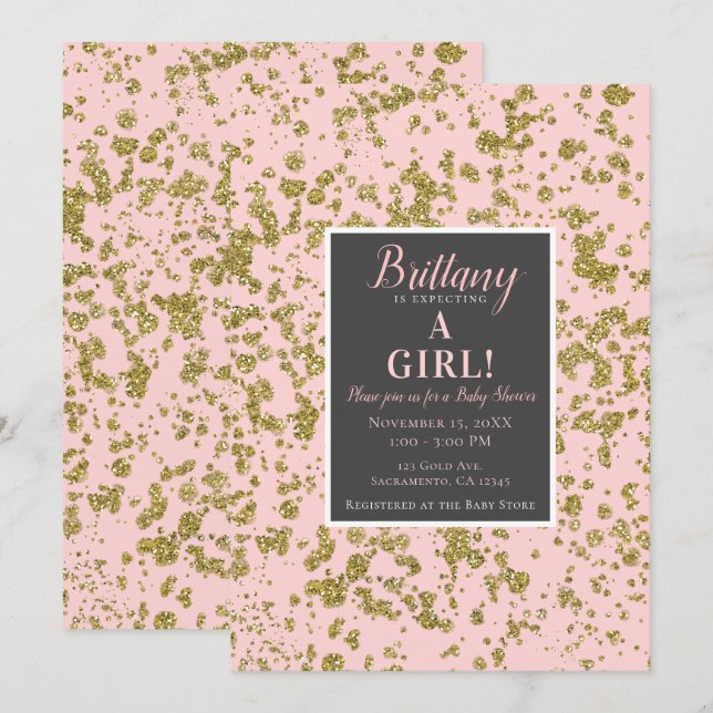 Rosa & Guld Glitter Girly Glam Modern Baby Shower Inbjudningar (Fram/baksida)