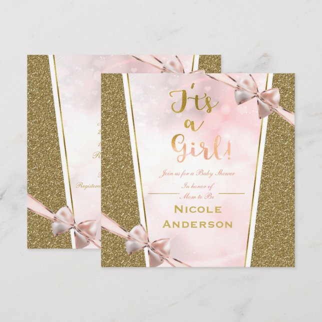 Rosa Guld Glitter Glam Det är en Flickas Babyshowe Inbjudningar (Fram/baksida)
