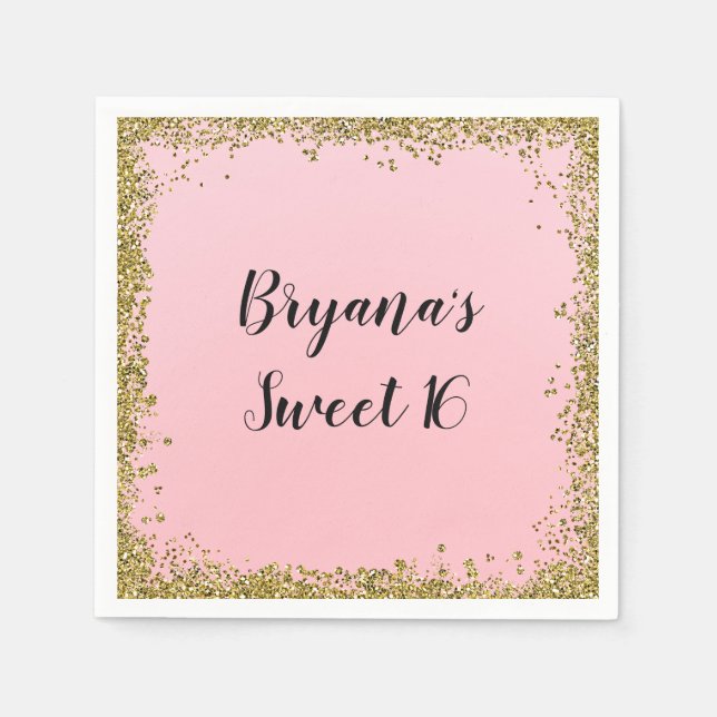 Rosa Guld Glitter Glam Kant Sweet 16 Anpassningsba Pappersservett (Framsidan)