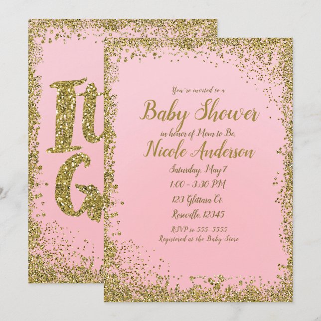  Rosa Guld Glitter Glam Modern Baby Shower Inbjudningar (Fram/baksida)