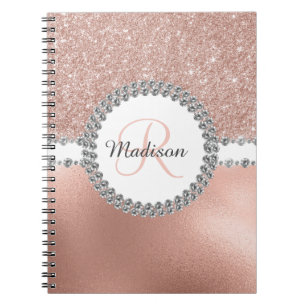 Rosa Guld Glitter Glam Monogram Diamant Anteckningsbok