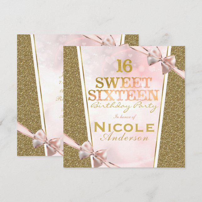 Rosa Guld Glitter Glam Sweet 16-båge Födelsedagsfe Inbjudningar (Fram/baksida)