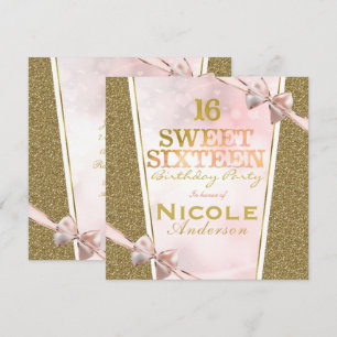 Rosa Guld Glitter Glam Sweet 16-båge Födelsedagsfe Inbjudningar