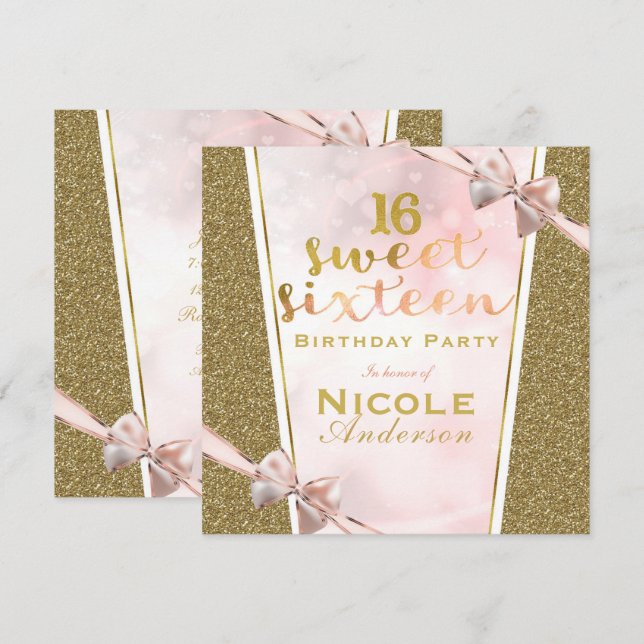 Rosa Guld Glitter Glam Sweet 16-båge Födelsedagsfe Inbjudningar (Fram/baksida)