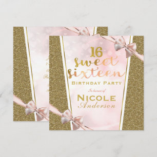 Rosa Guld Glitter Glam Sweet 16-båge Födelsedagsfe Inbjudningar