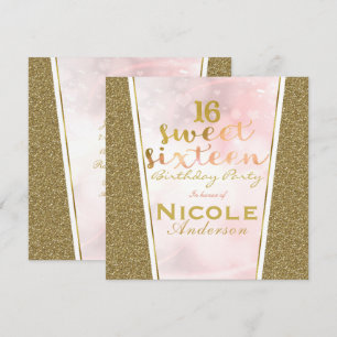 Rosa Guld Glitter Glam Sweet 16 Födelsedagsfest Inbjudningar