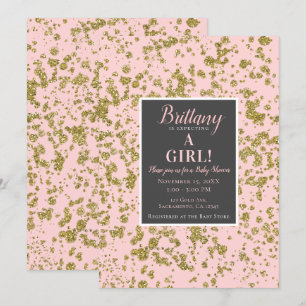 Rosa & Guld Glitter Glamoröst Modernt Babykalas Inbjudningar