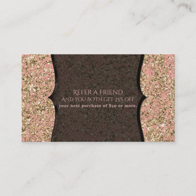 Rosa & Guld Glitter Glamour Svart Referera En Vän Rabattkort (Framsida)