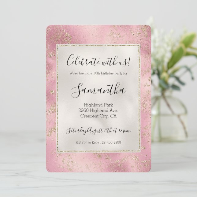 Rosa Guld Glitter Glitz Pearl White Inbjudningar (Stående Fram)
