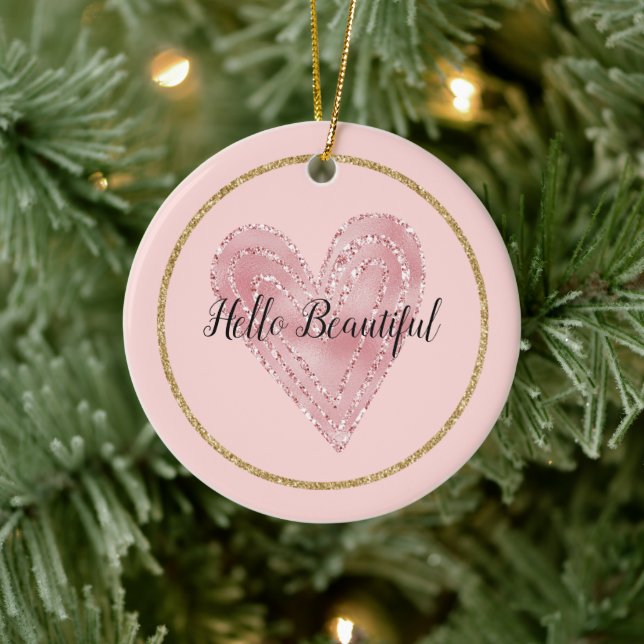  Rosa Guld Glitter Glitzy Heart Julgransprydnad Keramik (Träd)