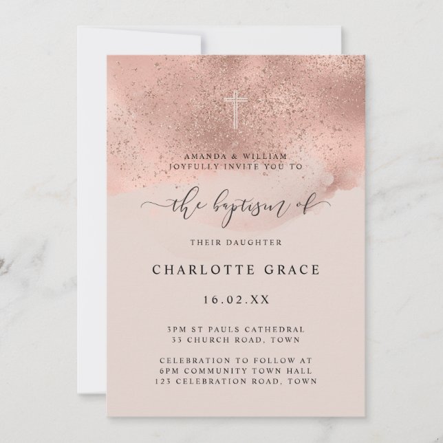 Rosa Guld Glitter Gnistra  Baptism Inbjudningar (Framsida)