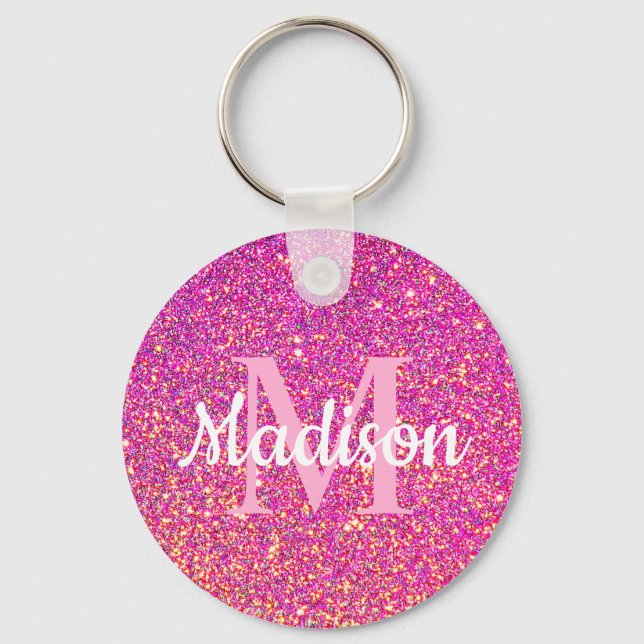 Rosa Guld Glitter Gnistra Chic Monogram Namn Nyckelring (Framsida)