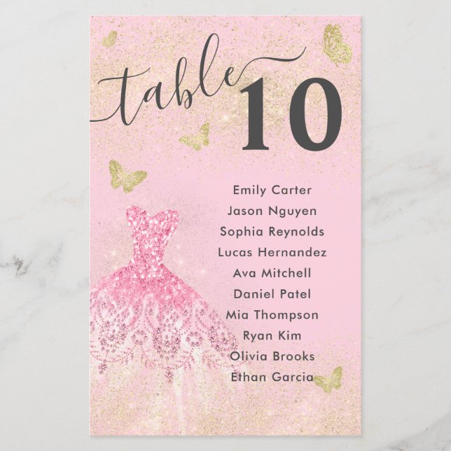  Rosa Guld Glitter Gown Quinceanera Seat Menu (Framsida)
