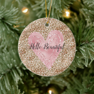 Rosa Guld Glitter Heart Leopard Skriv ut Julgransprydnad Keramik