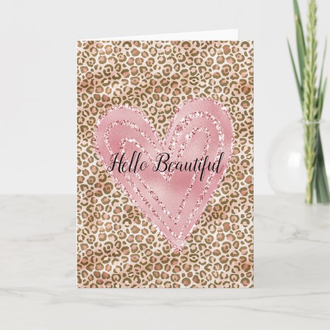  Rosa Guld Glitter Heart Leopard Skriv ut Kort (Framsida)