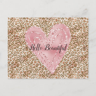 Rosa Guld Glitter Heart Leopard Skriv ut Vykort