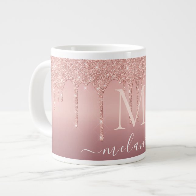 Rosa Guld Glitter Kaffemugg Ditt Namn och Bokstav Jumbo Mugg (Framsida vänster)