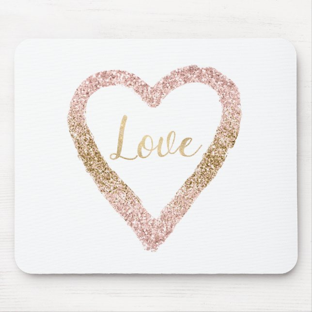 Rosa Guld Glitter Kärlek Heart Musmatta (Framsidan)