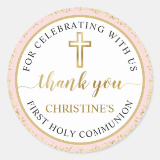 Rosa Guld Glitter Kommunision Tack i första Heliga Runt Klistermärke