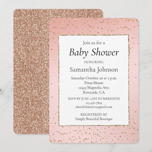  Rosa Guld Glitter-konfetti-babyskor Inbjudningar (Fram/baksida)