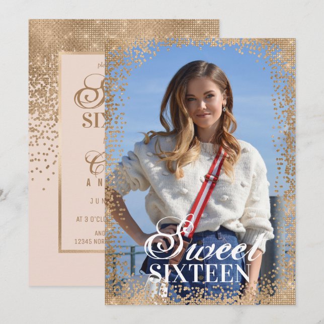 Rosa Guld Glitter Konfetti Fotosötare 16 Inbjudningar (Fram/baksida)