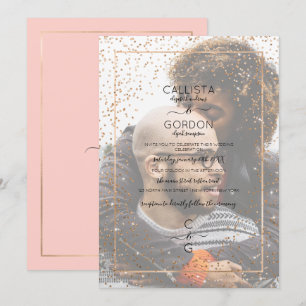 Rosa Guld Glitter Konfetti Gräns fotfoto Bröllop Inbjudningar