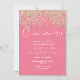 Rosa Guld Glitter Konfetti Quinceanera-inbjudan Inbjudningar