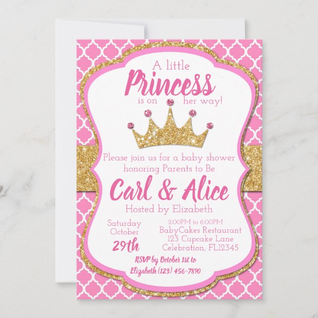 Rosa & Guld Glitter Krona Princess Baby Shower Inbjudningar (Framsida)
