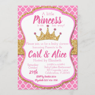 Rosa & Guld Glitter Krona Princess Baby Shower Inbjudningar