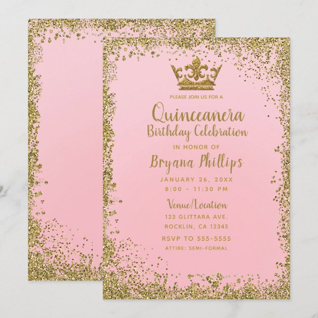  Rosa & Guld Glitter Krona Quinceañera 15 Inbjudningar (Fram/baksida)