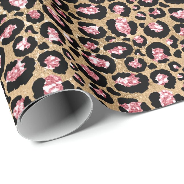 Rosa Guld Glitter Leopard Animal Print Print Presentpapper (Rullad Hörn)